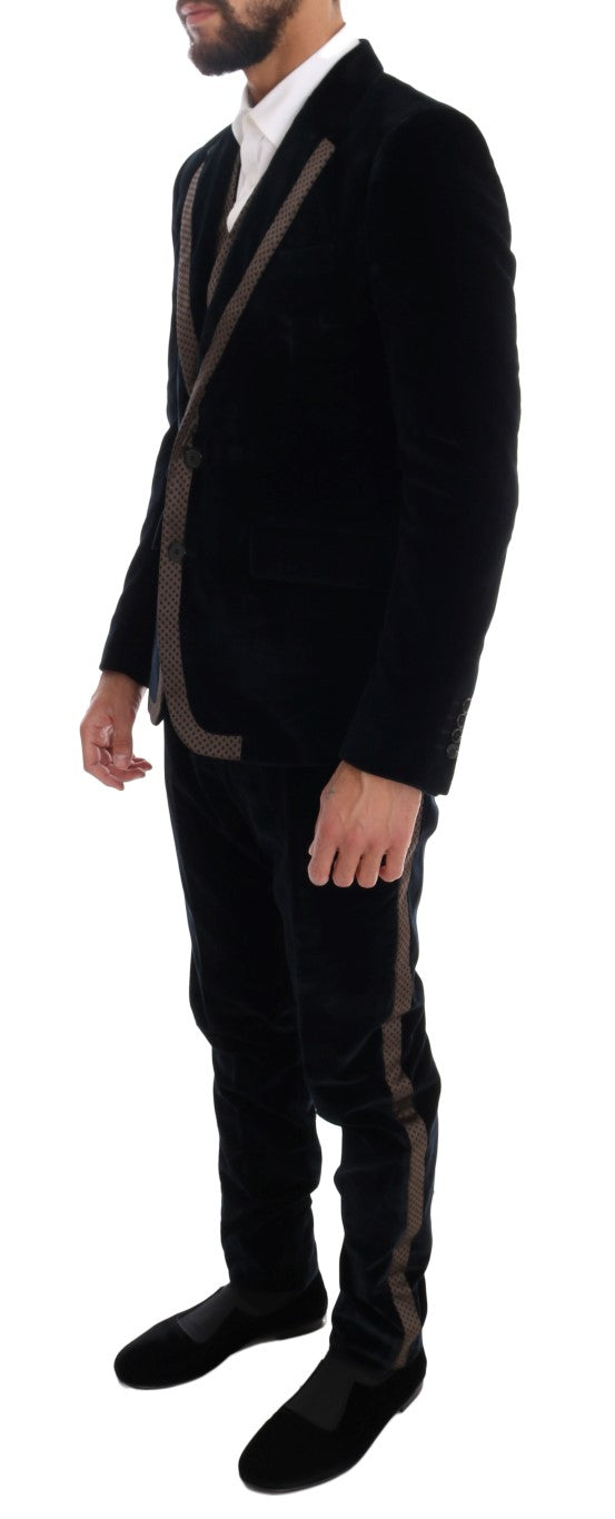 Blauer Samtanzug mit zwei Knöpfen, schlank, 3-teilig