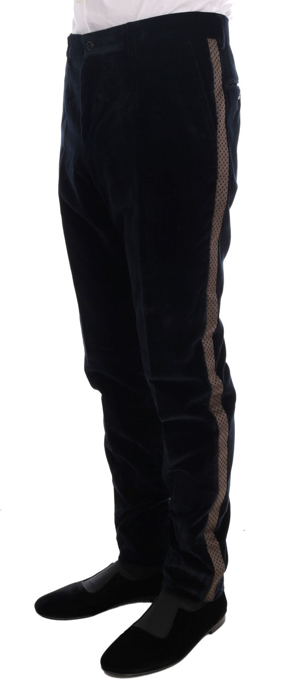 Blauer Samtanzug mit zwei Knöpfen, schlank, 3-teilig