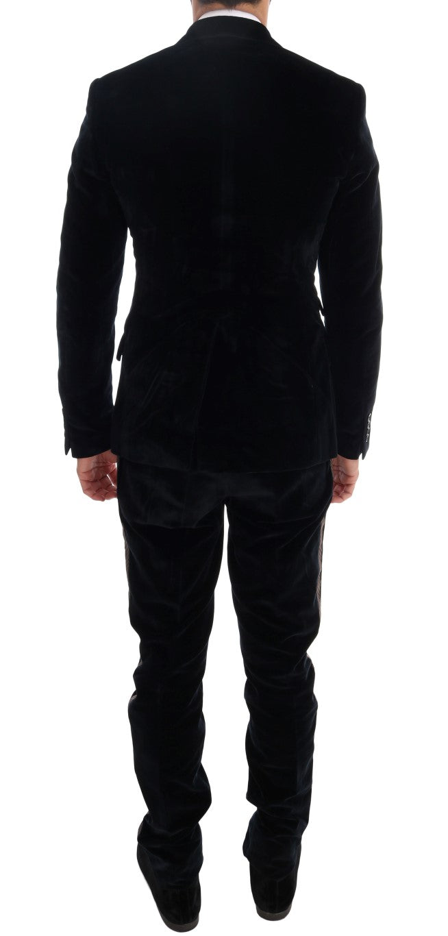 Blauer Samtanzug mit zwei Knöpfen, schlank, 3-teilig