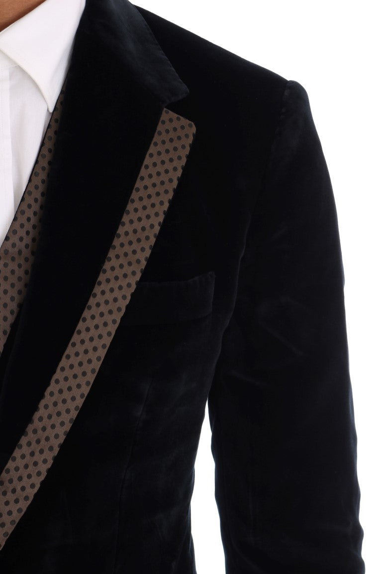 Blauer Samtanzug mit zwei Knöpfen, schlank, 3-teilig