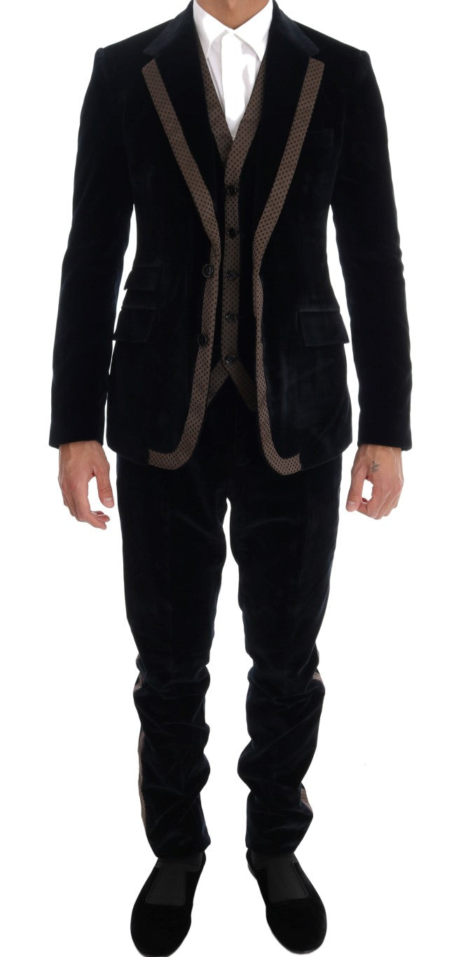 Blauer Samtanzug mit zwei Knöpfen, schlank, 3-teilig