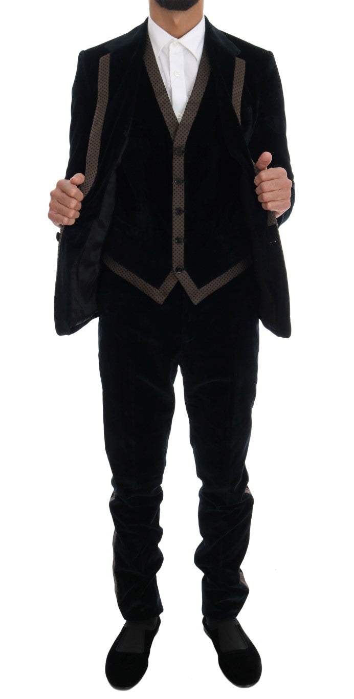 Blauer Samtanzug mit zwei Knöpfen, schlank, 3-teilig