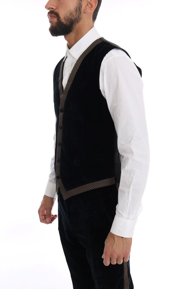 Blauer Samtanzug mit zwei Knöpfen, schlank, 3-teilig