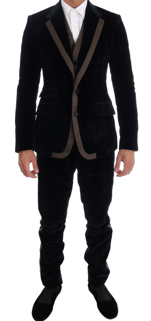 Blauer Samtanzug mit zwei Knöpfen, schlank, 3-teilig