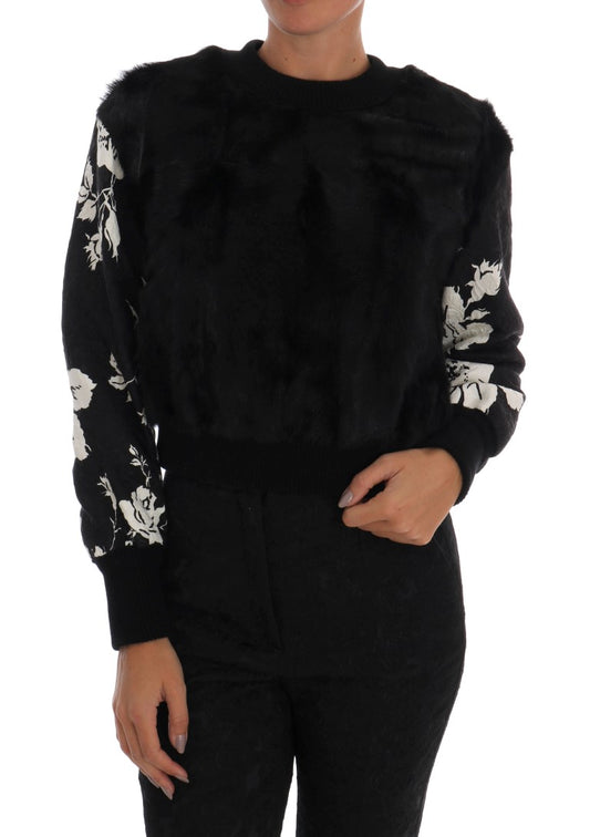 Schwarzer Pelz Floral Brokat Zipper Pullover