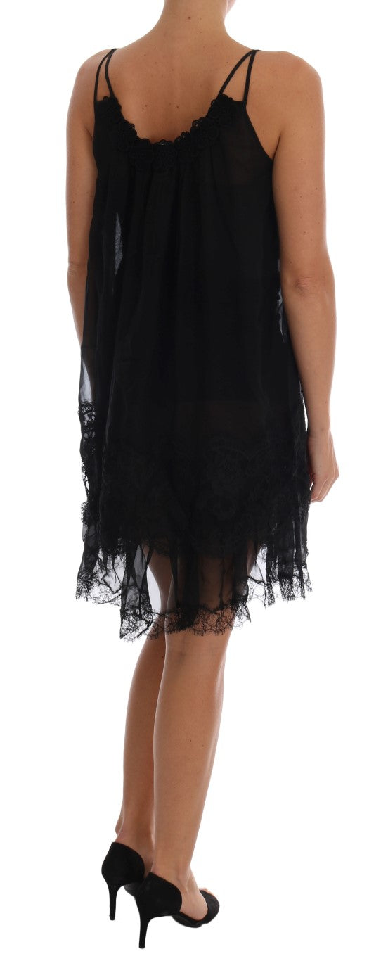 Schwarzes Seiden-Spitzen-Chemise-Kleid