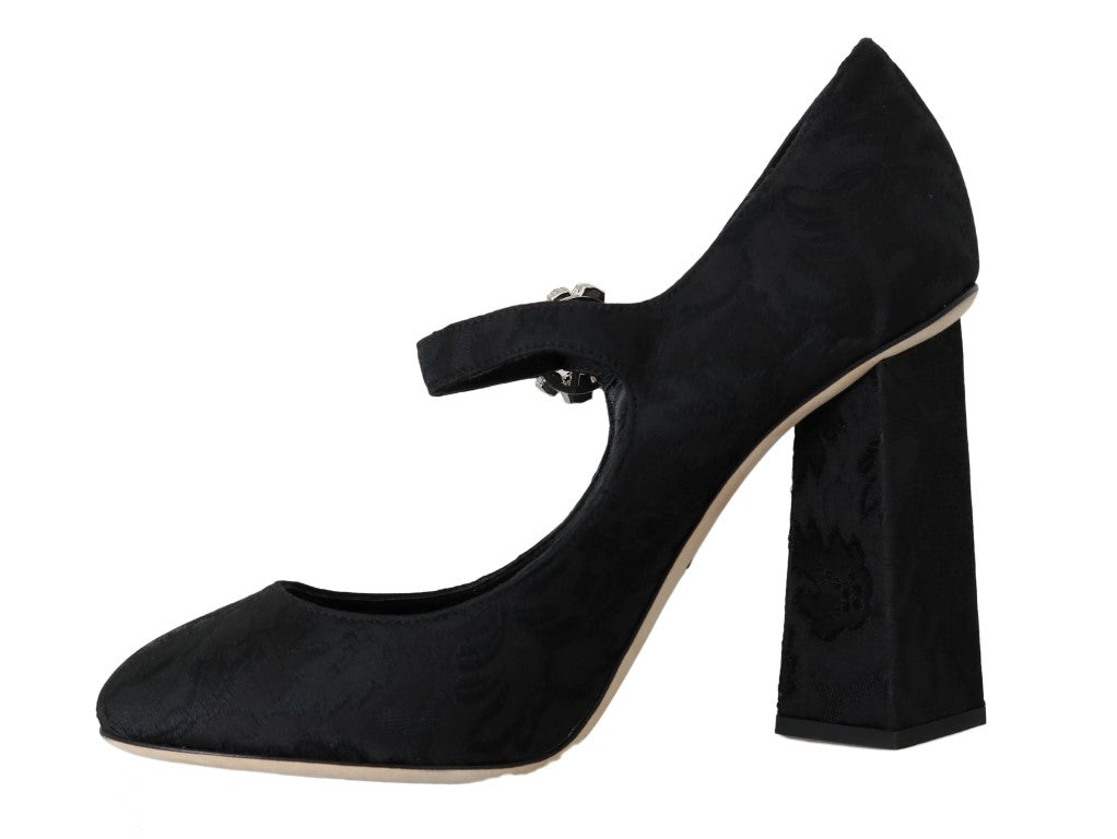 Schwarzer Brokat Kristall Mary Janes Schuhe