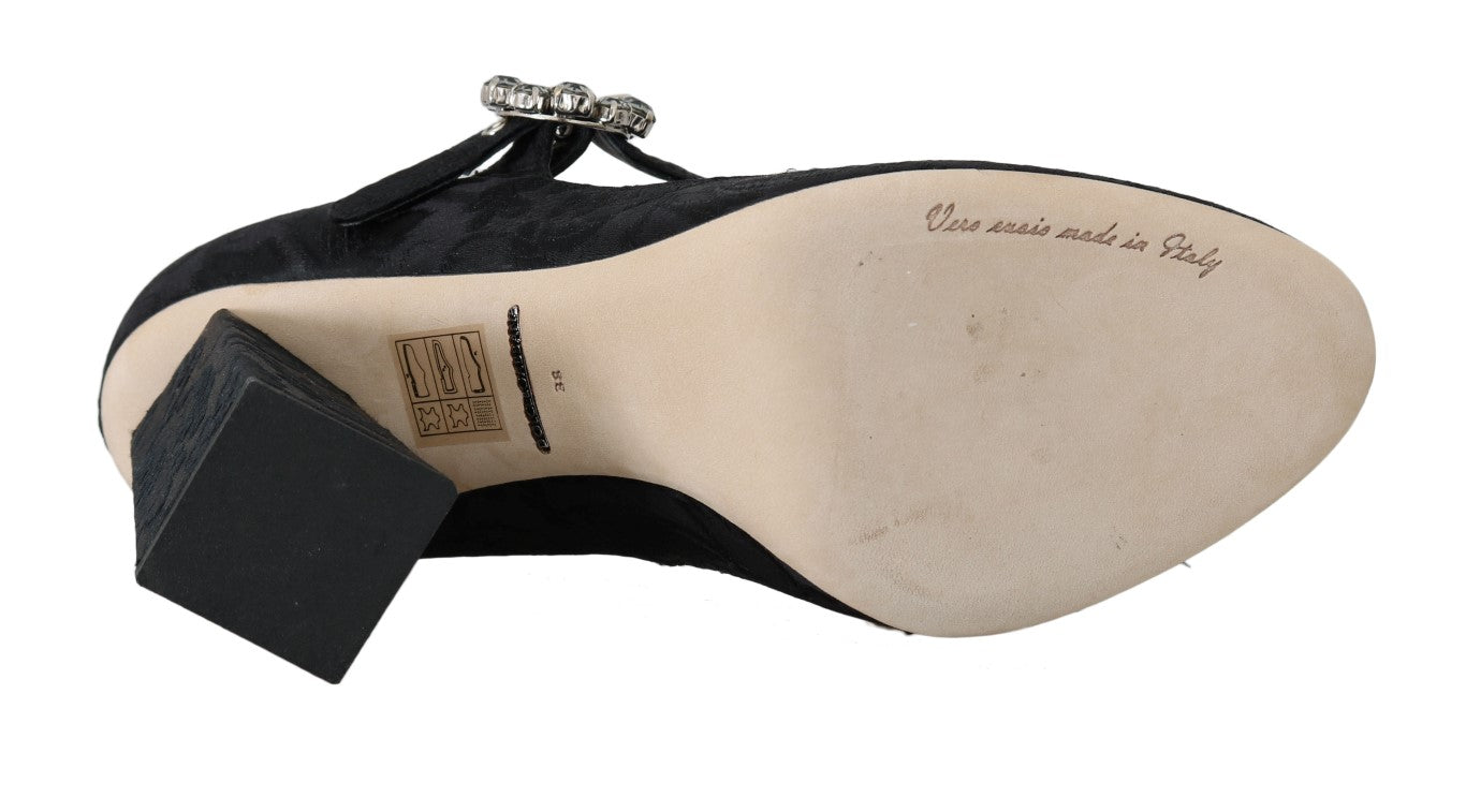 Schwarzer Brokat Kristall Mary Janes Schuhe