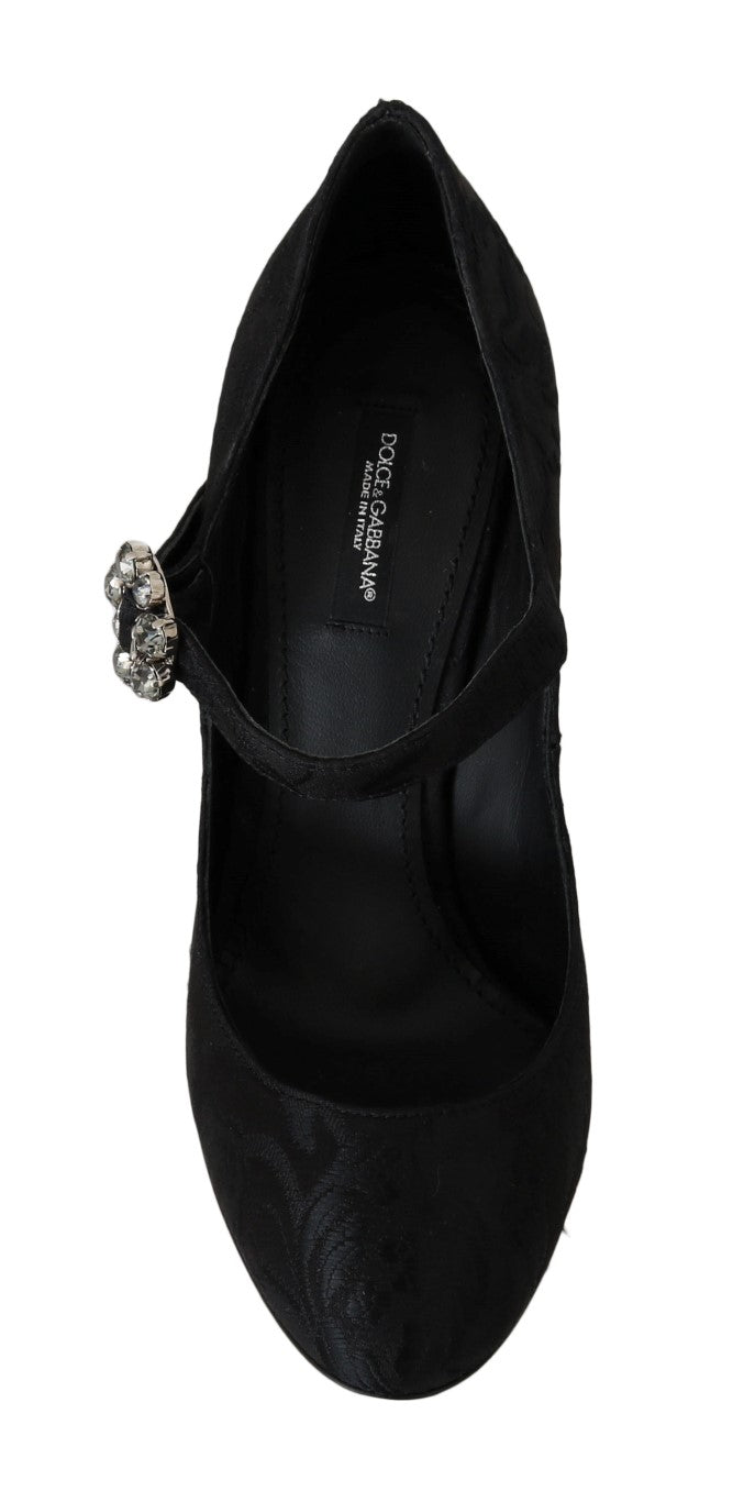 Schwarzer Brokat Kristall Mary Janes Schuhe