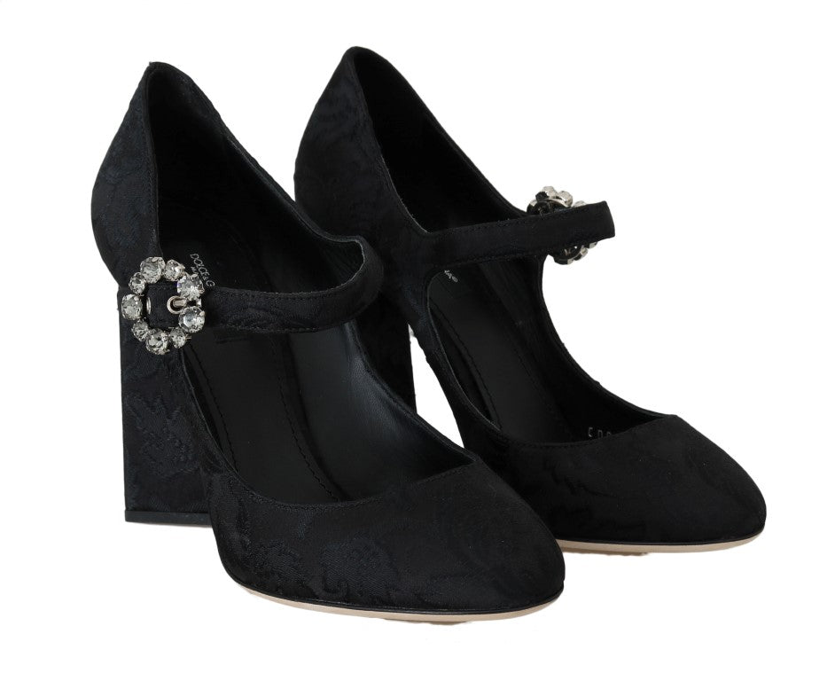 Schwarzer Brokat Kristall Mary Janes Schuhe