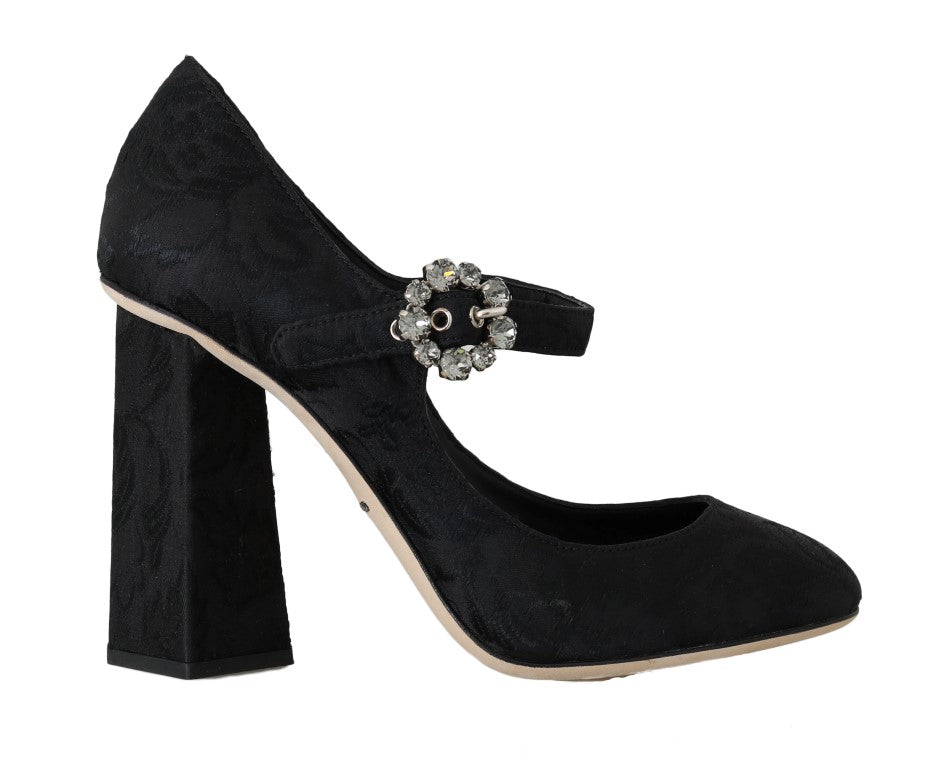 Schwarzer Brokat Kristall Mary Janes Schuhe