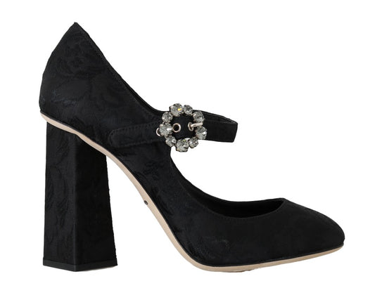 Schwarzer Brokat Kristall Mary Janes Schuhe