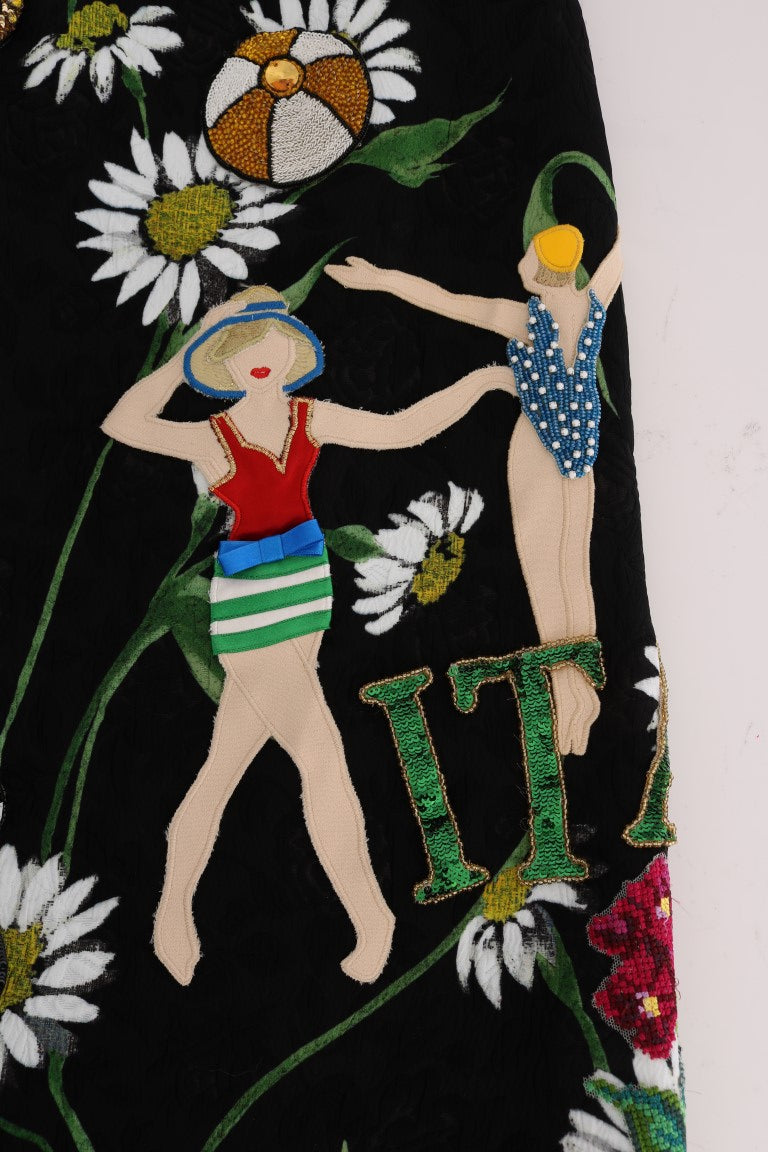 Schwarzer verzierter Gänseblümchen-Brokat-Rock