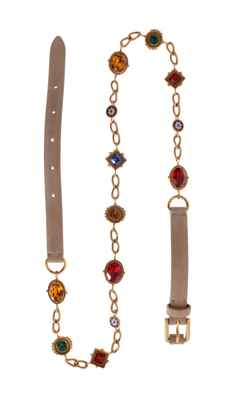 Beige Leder Kristall Gold Kette Gürtel