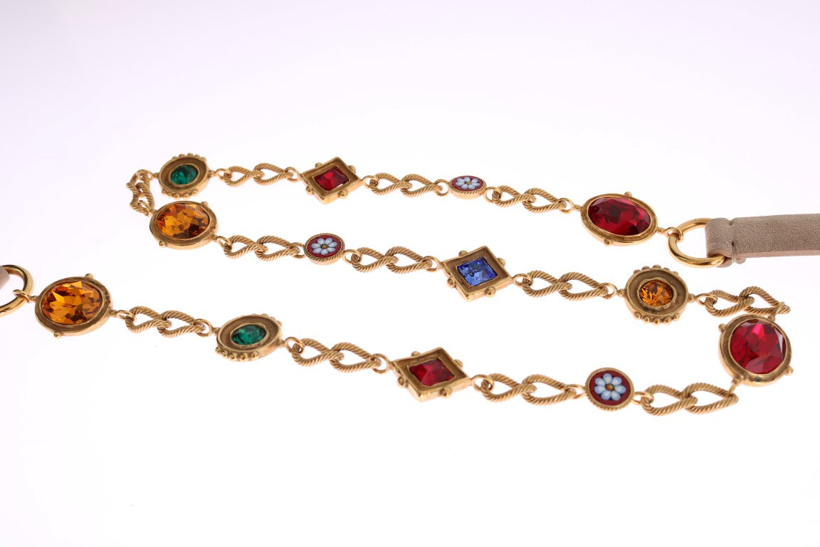 Beige Leder Kristall Gold Kette Gürtel