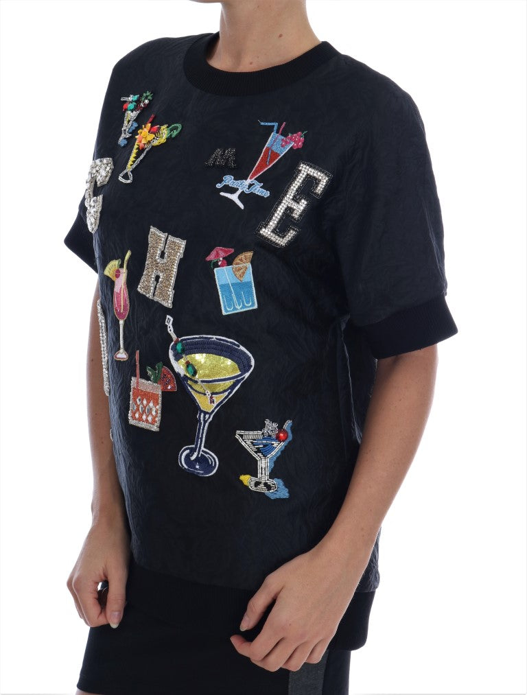 Schwarzer Brokat Cocktail Kristall Pullover