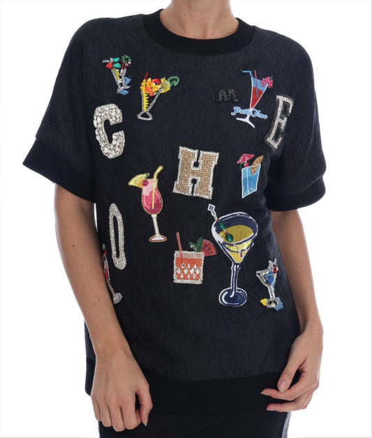 Schwarzer Brokat Cocktail Kristall Pullover