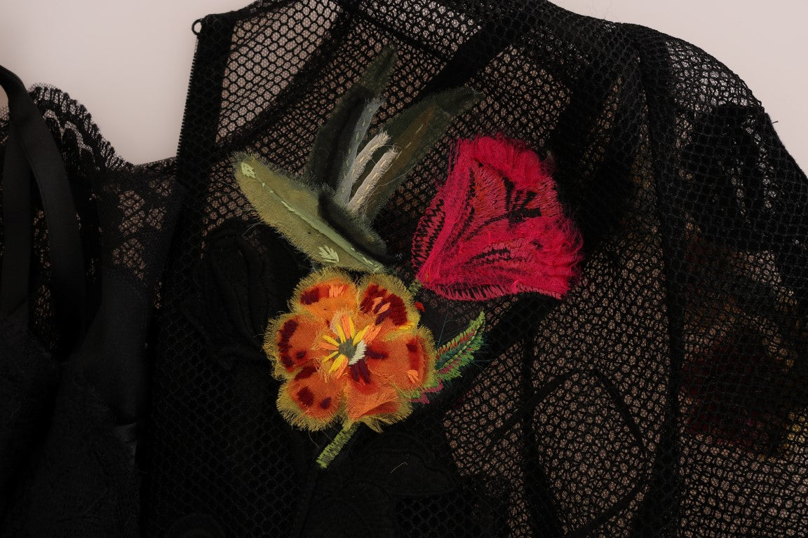 Schwarzes Kleid mit Blumenapplikationen in A-Linie