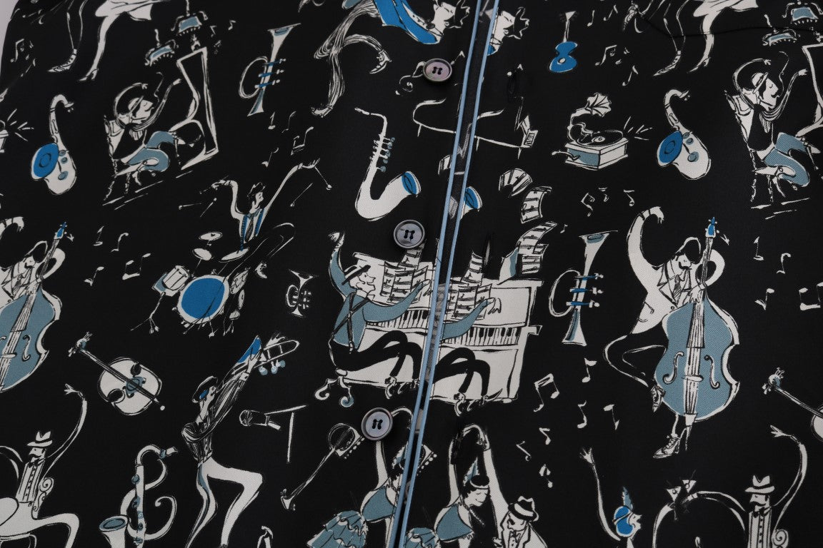 Schwarzes Seidenhemd mit JAZZ-Motivdruck Freizeithemd