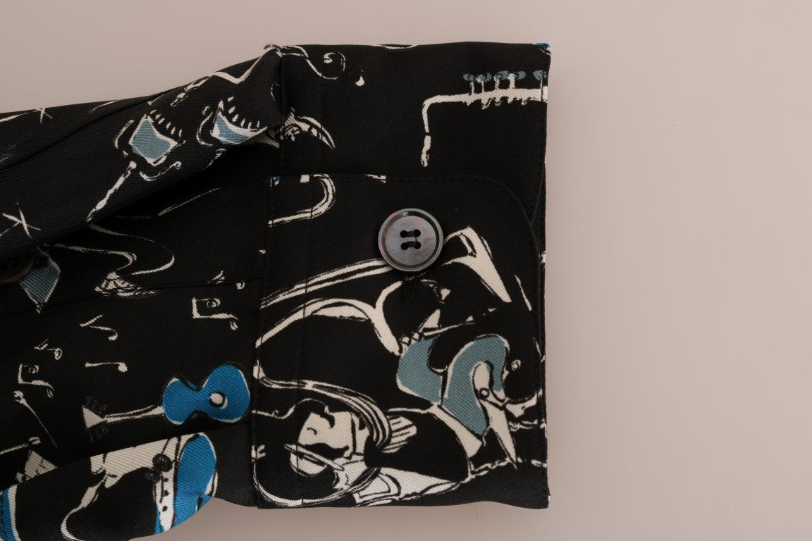 Schwarzes Seidenhemd mit JAZZ-Motivdruck Freizeithemd