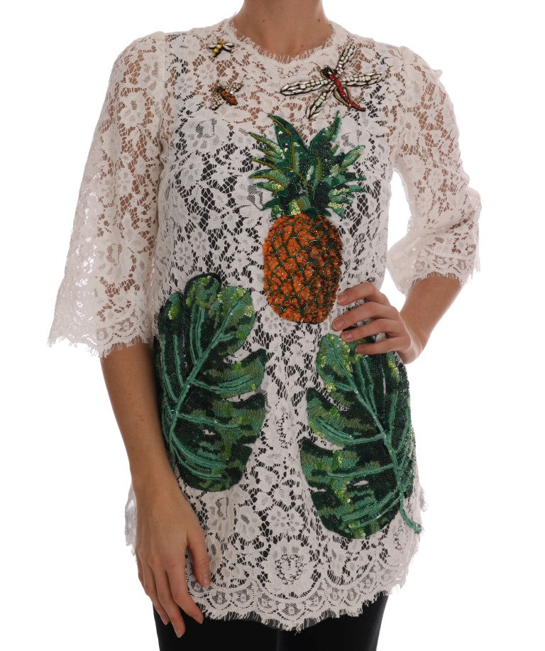 Weiße Bluse aus kristallbesetzter Spitze