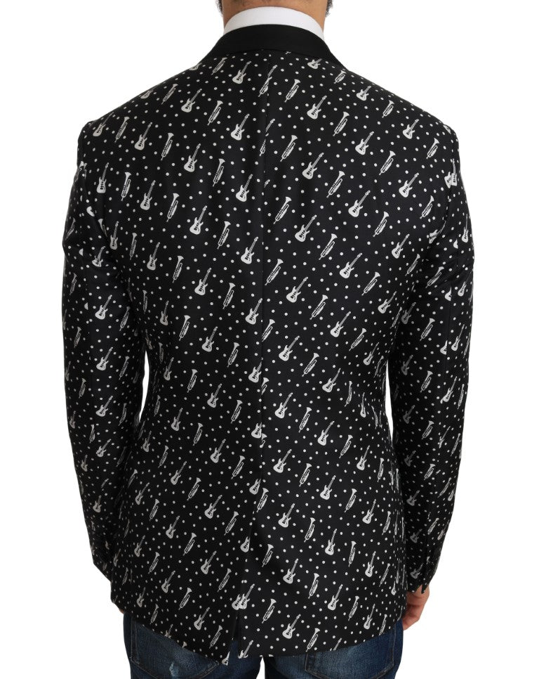 Schwarze Seiden-Jazzgitarren-Blazer-Jacke