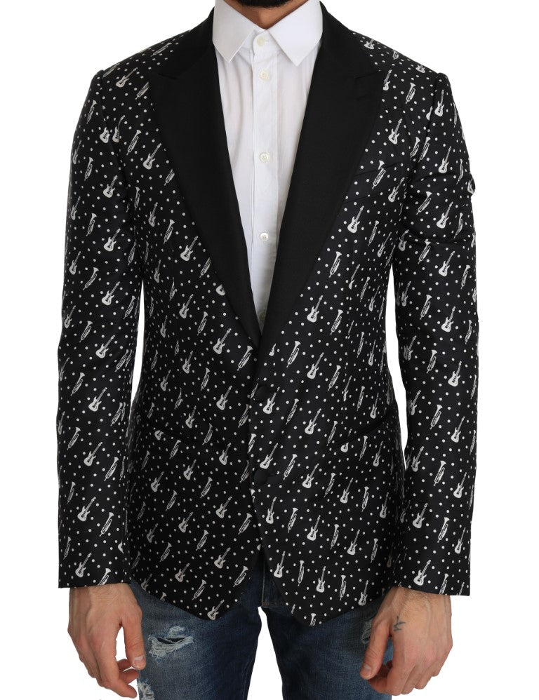 Schwarze Seiden-Jazzgitarren-Blazer-Jacke