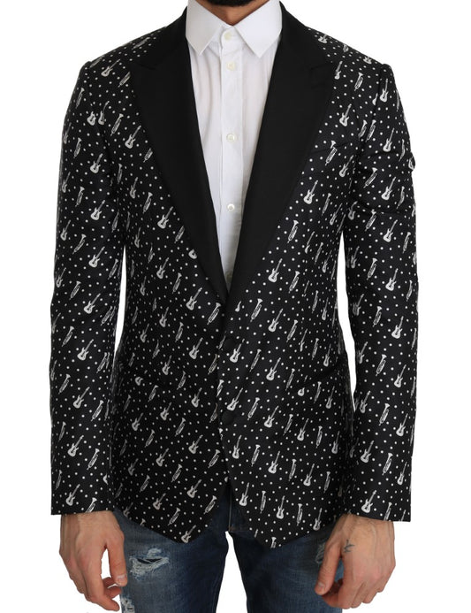 Schwarze Seiden-Jazzgitarren-Blazer-Jacke