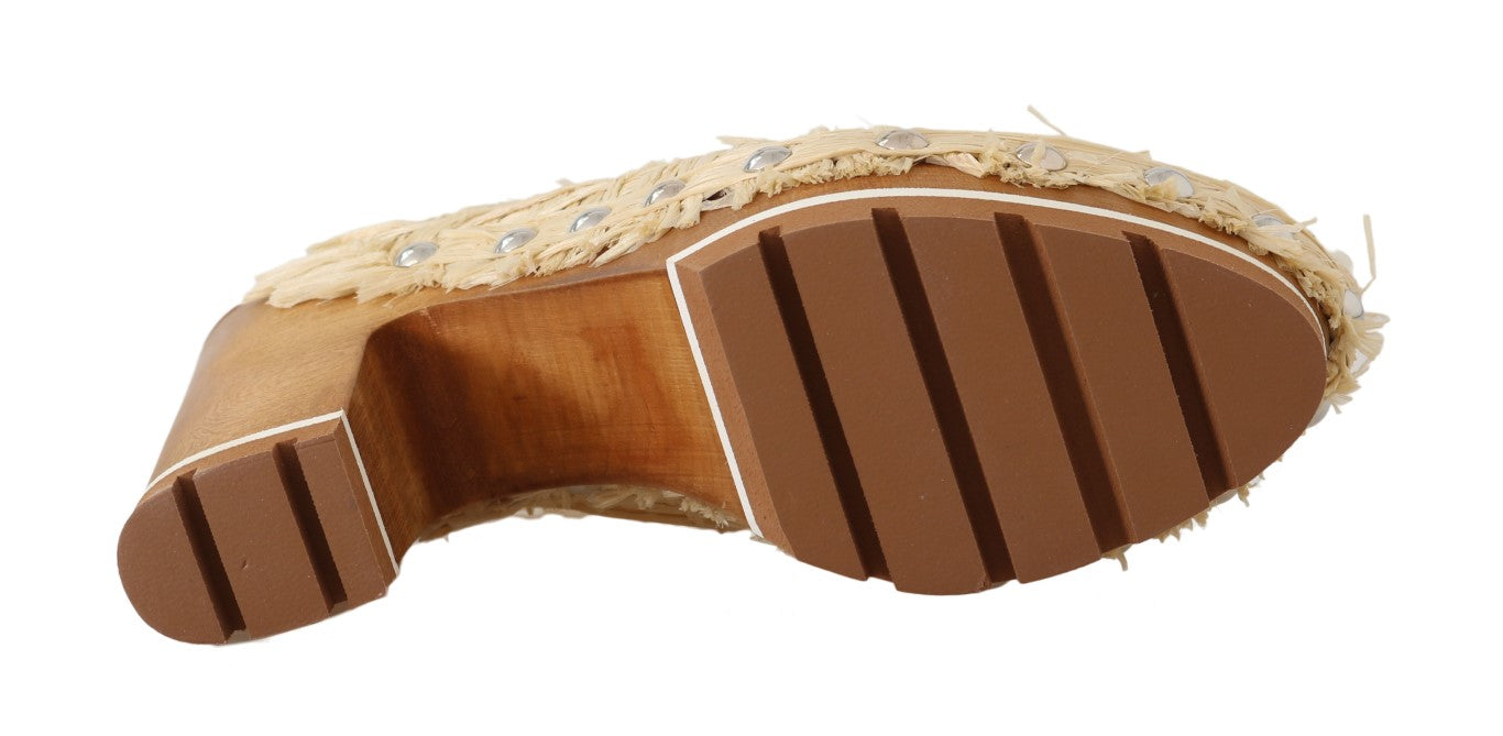 Beige Raffia Pantoletten Floral Pantoletten