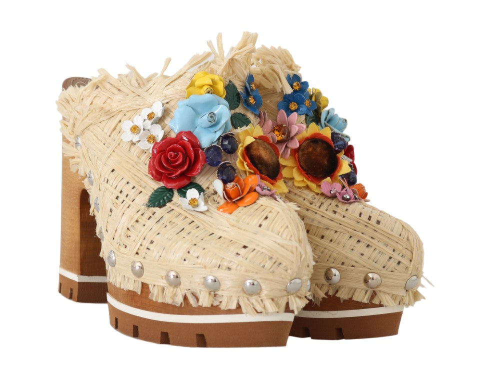 Beige Raffia Pantoletten Floral Pantoletten