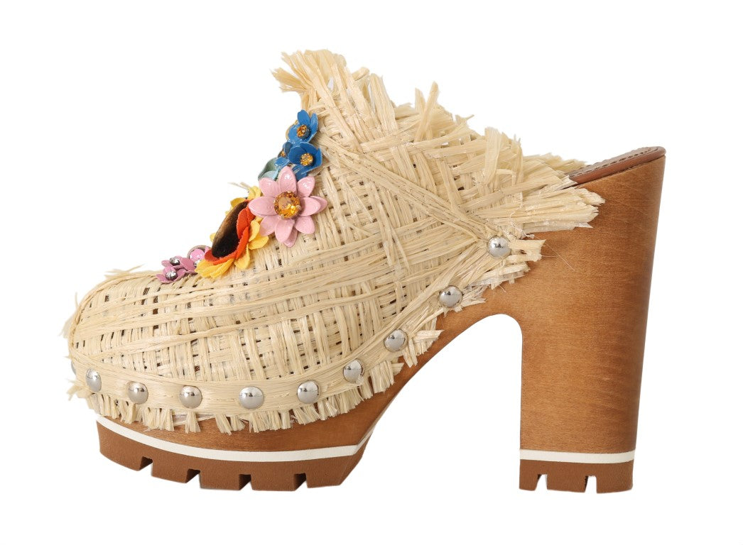 Beige Raffia Pantoletten Floral Pantoletten