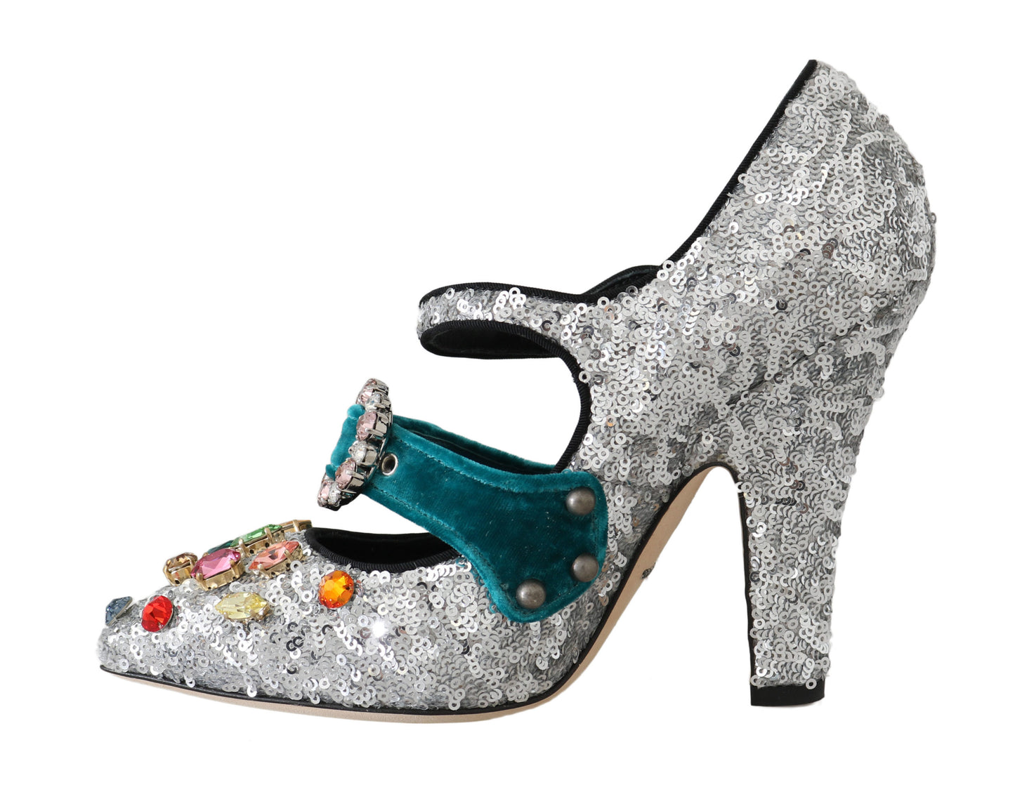 Silberne paillettenbesetzte Mary Janes Pumps mit Kristall