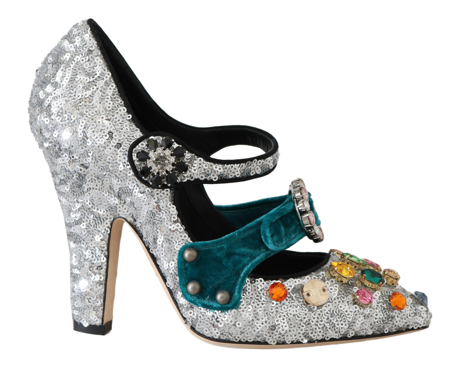Silberne paillettenbesetzte Mary Janes Pumps mit Kristall