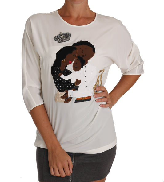 Weißes Seiden-T-Shirt #dgfamily Crystal