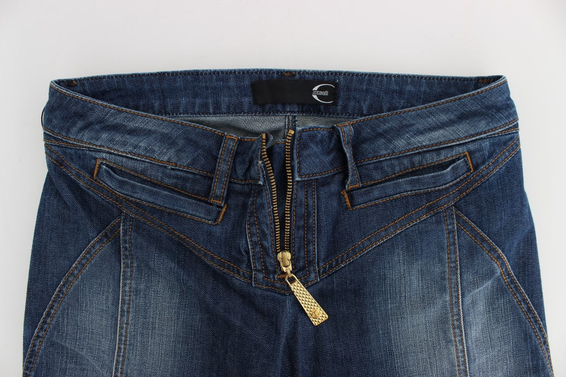 Blau gewaschene Baumwoll-Stretch-Jeans mit Stiefelschnitt