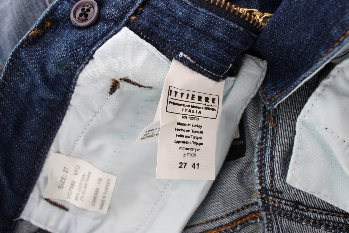 Blau gewaschene Baumwoll-Stretch-Jeans mit Stiefelschnitt