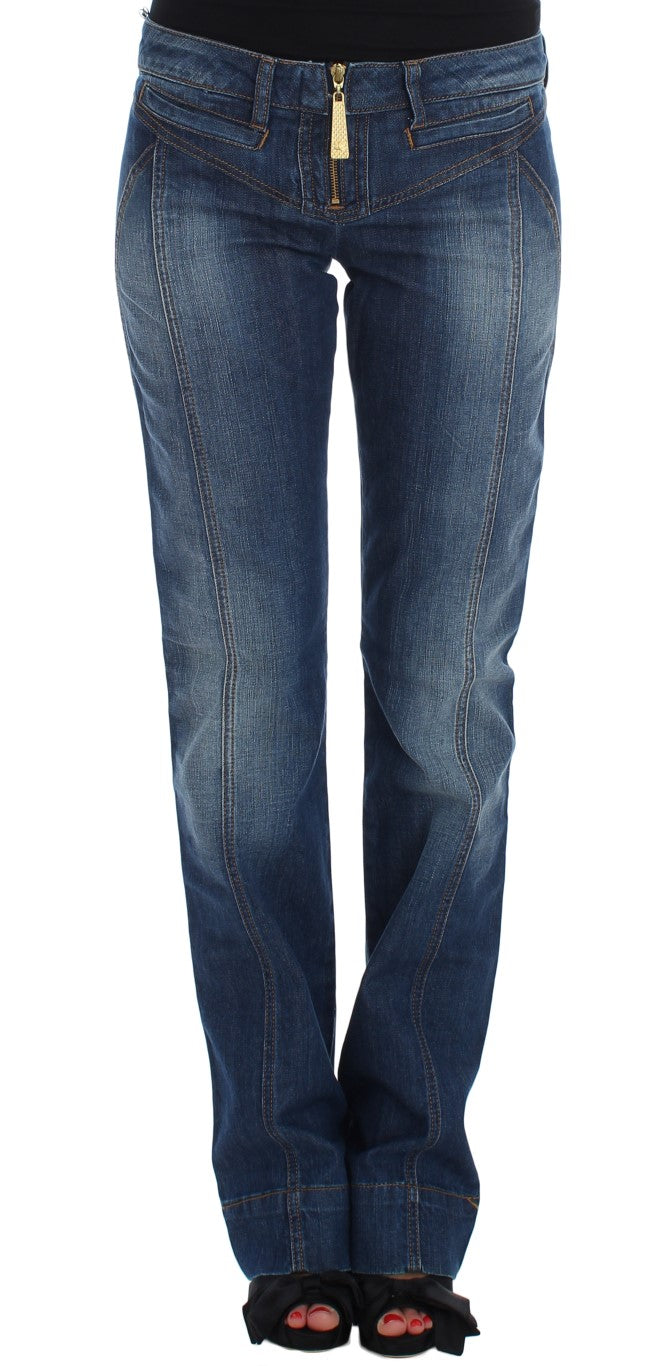 Blau gewaschene Baumwoll-Stretch-Jeans mit Stiefelschnitt