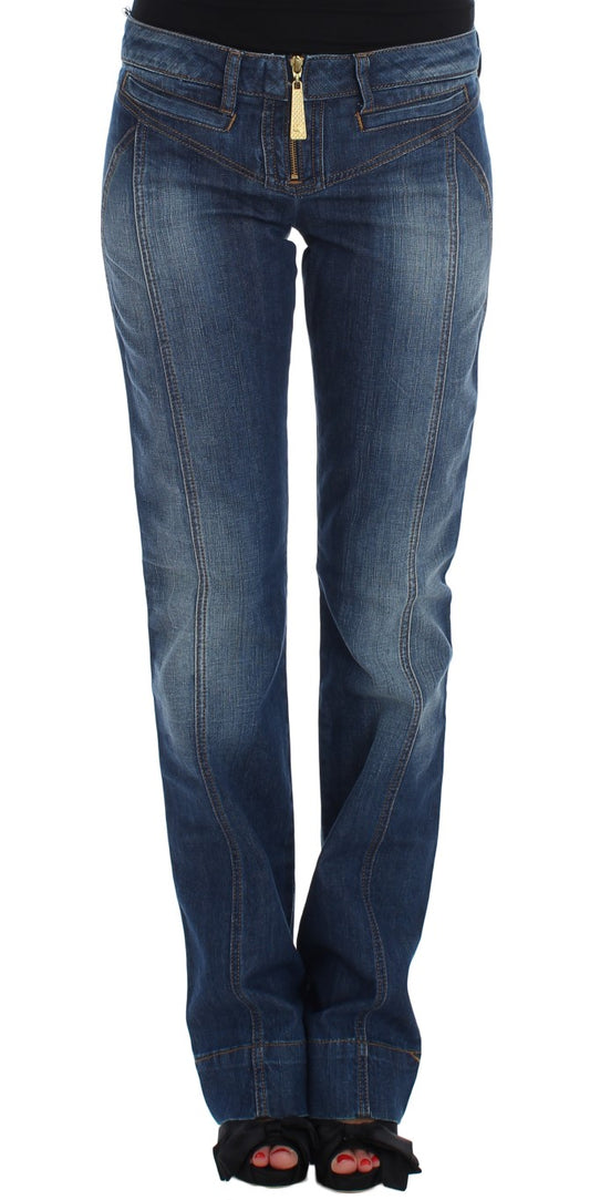 Blau gewaschene Baumwoll-Stretch-Jeans mit Stiefelschnitt