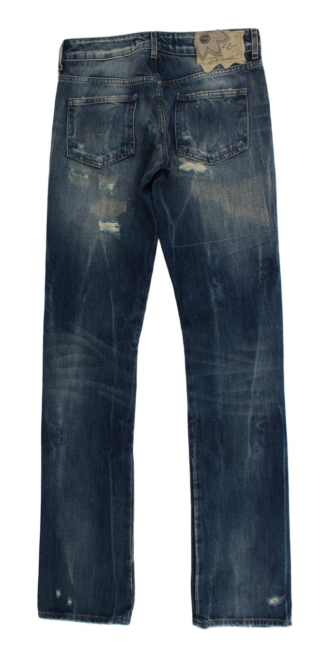 Blaue Waschung Zerrissene Baumwolle Straight Fit Jeans