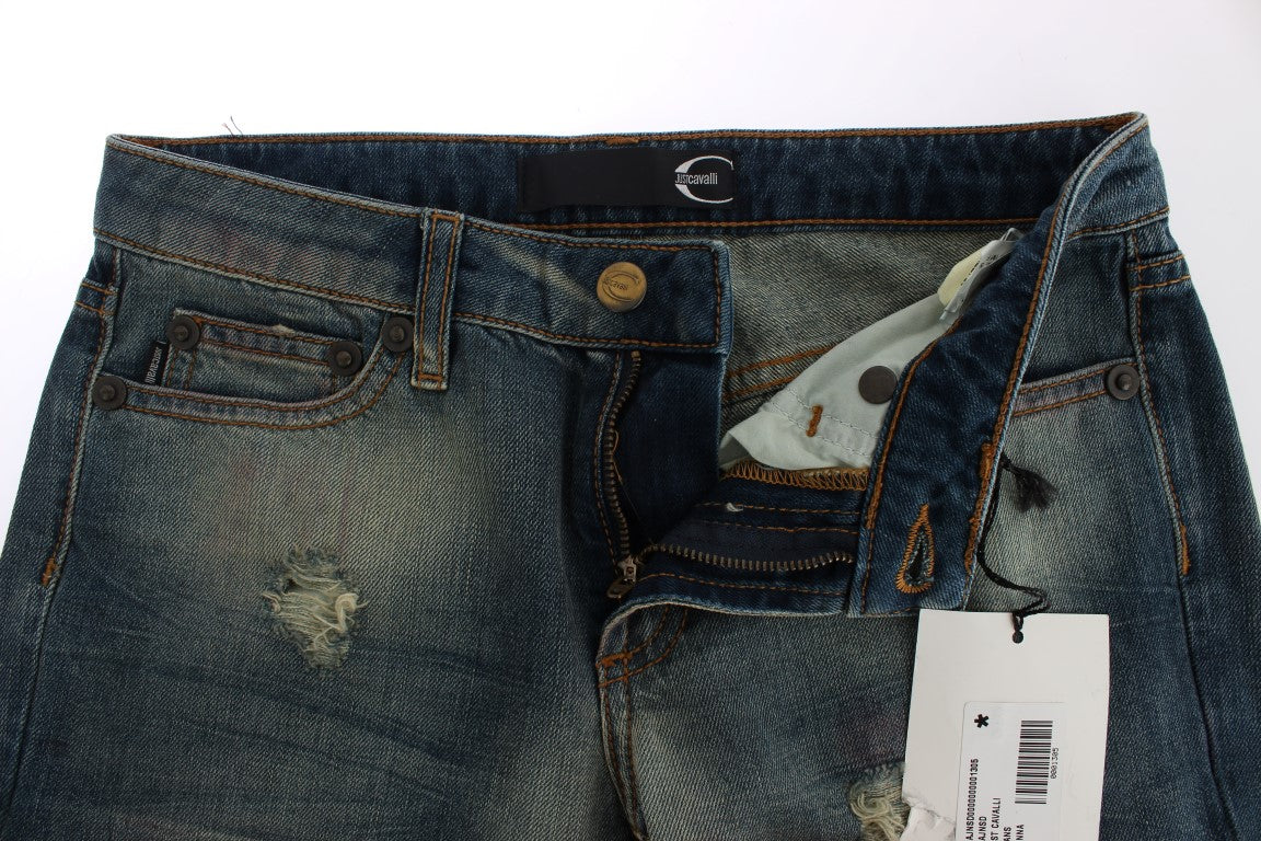 Blaue Waschung Zerrissene Baumwolle Slim Fit Jeans