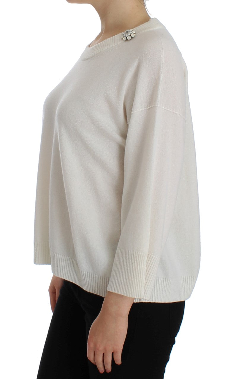 Weißer Pullover aus Kaschmir mit Blumen und Perlen