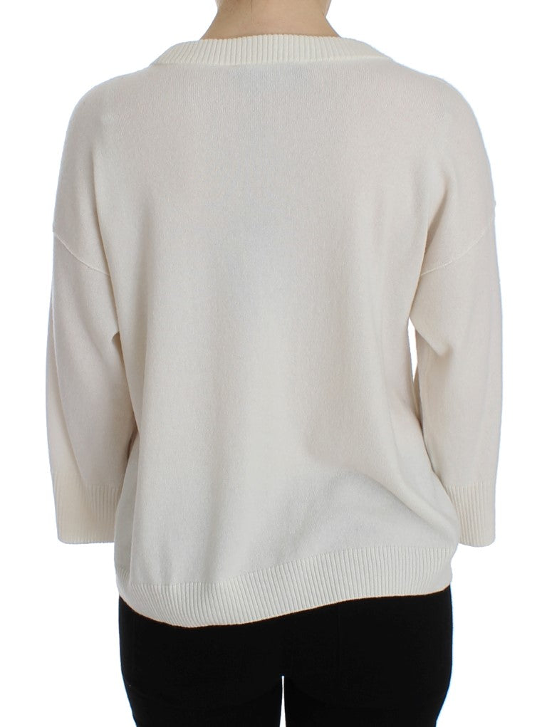 Weißer Pullover aus Kaschmir mit Blumen und Perlen