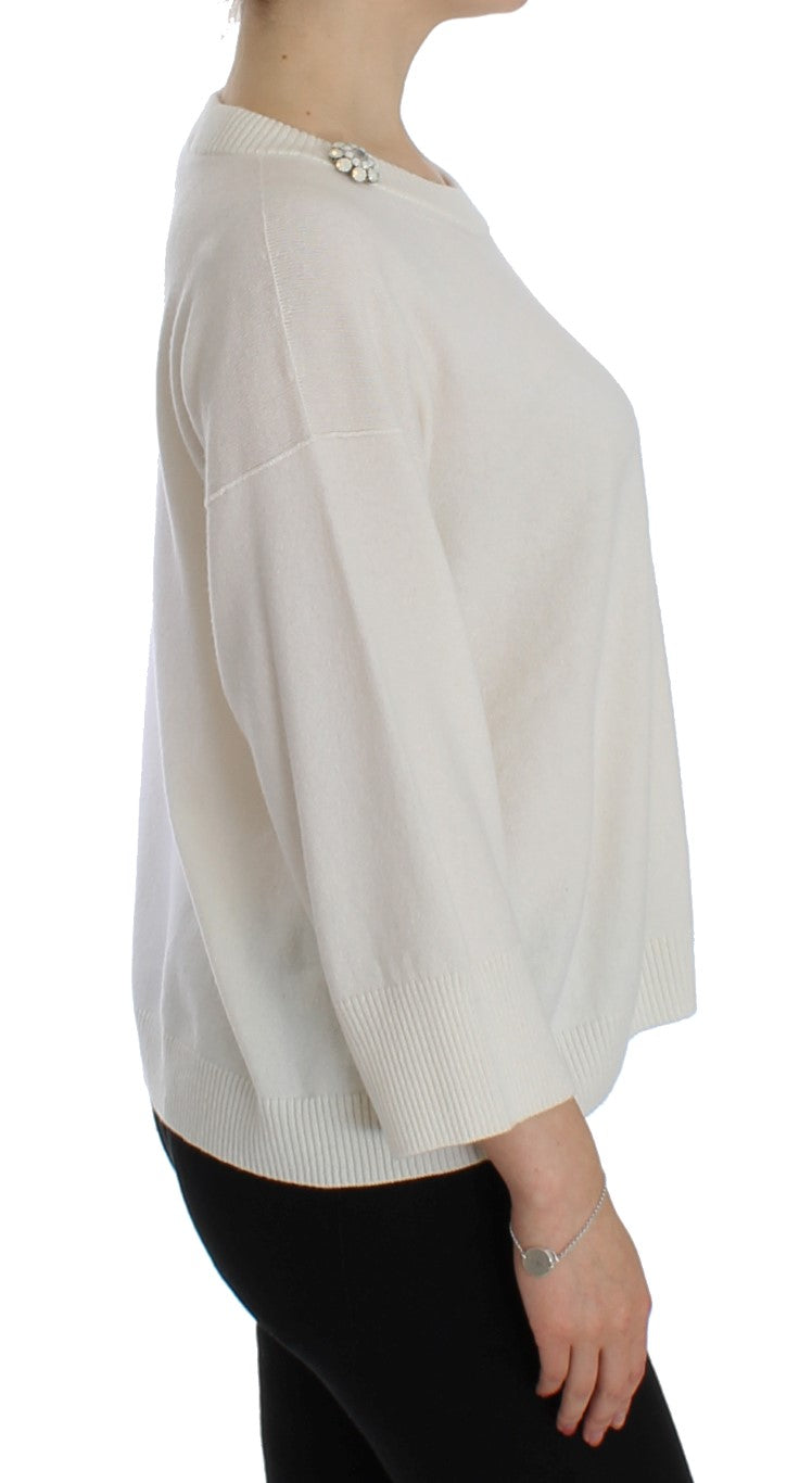 Weißer Pullover aus Kaschmir mit Blumen und Perlen