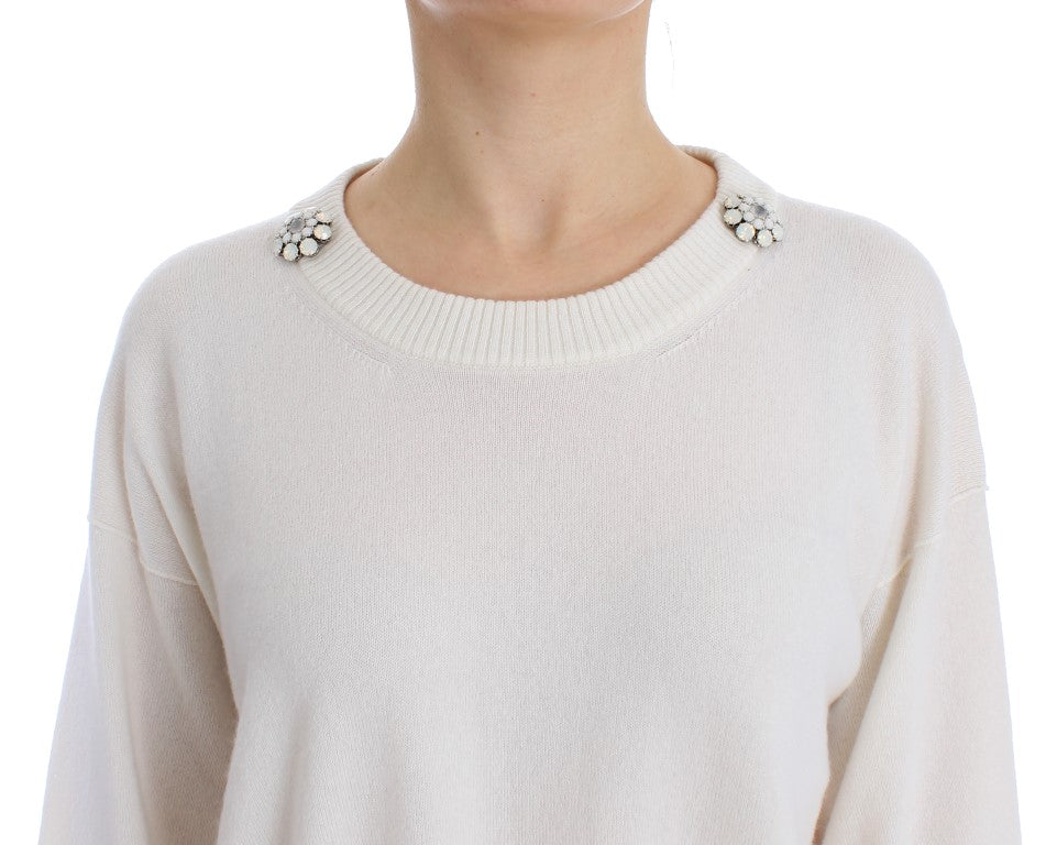 Weißer Pullover aus Kaschmir mit Blumen und Perlen