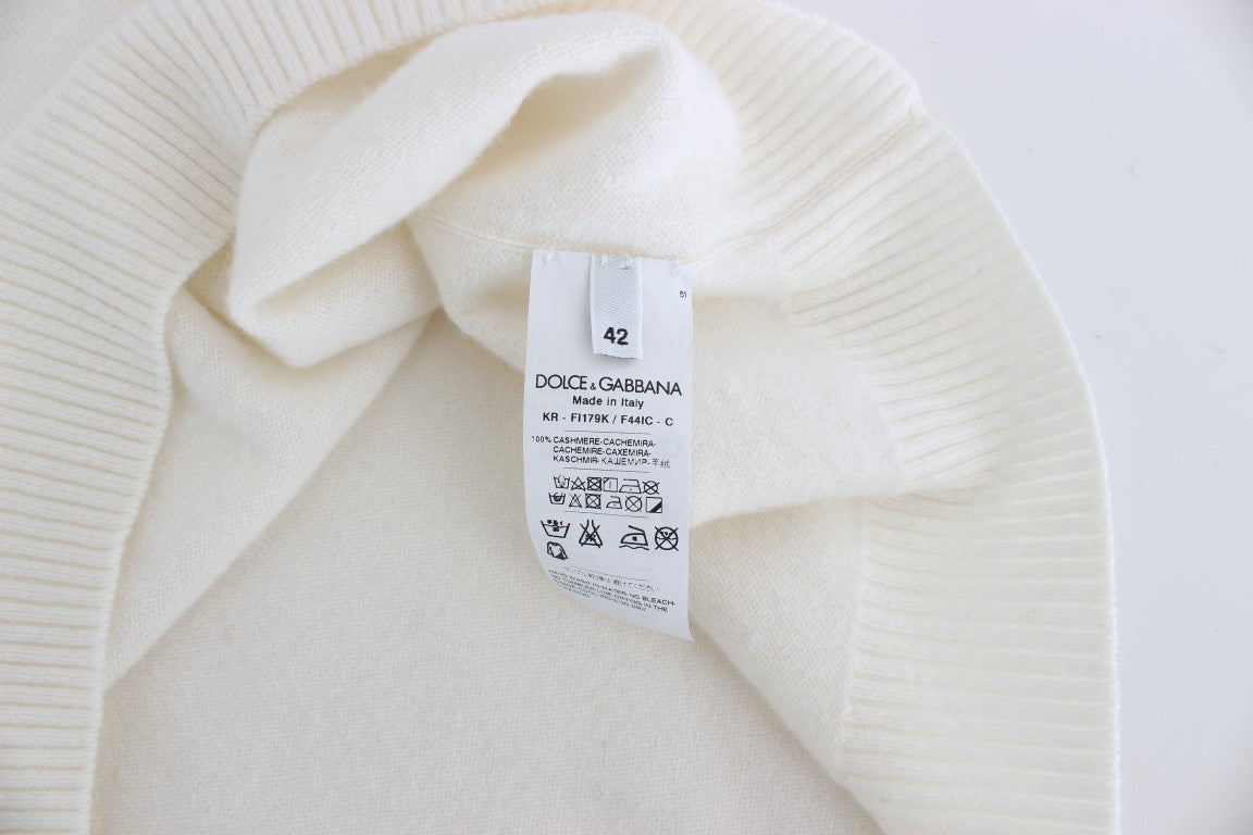 Weißer Pullover aus Kaschmir mit Blumen und Perlen