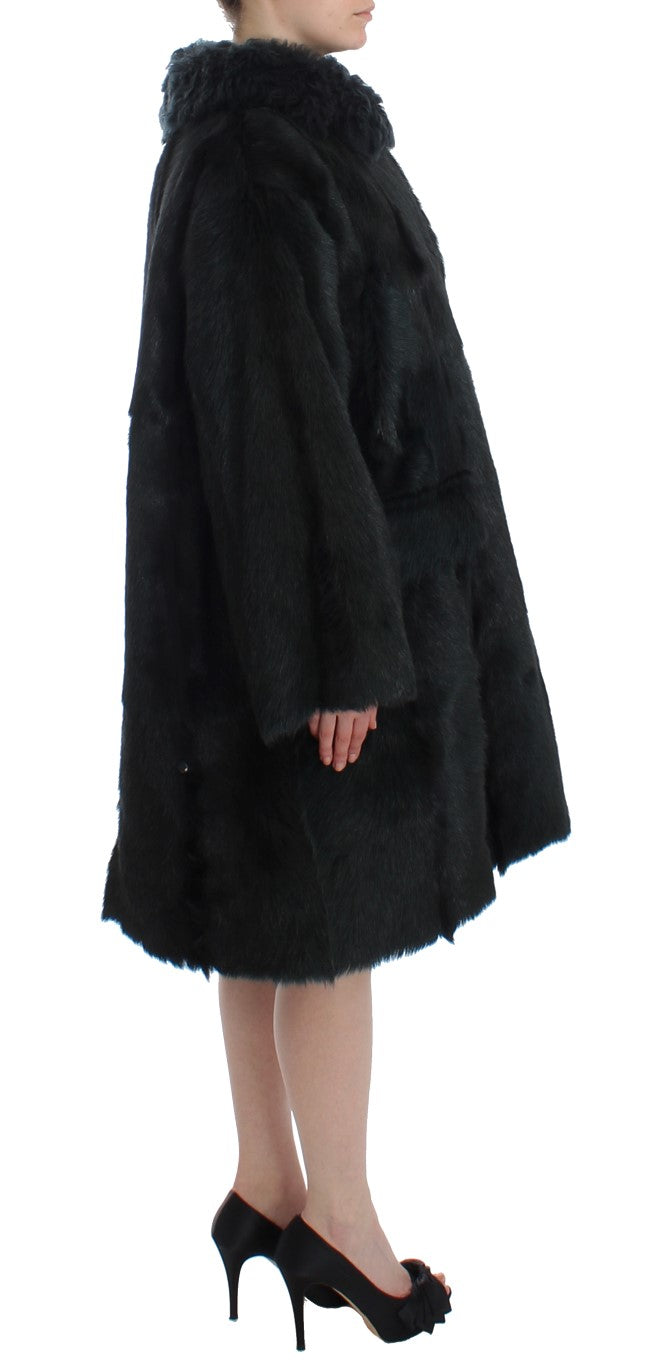 Schwarzer Ziegenpelz Shearling Lange Jacke Mantel