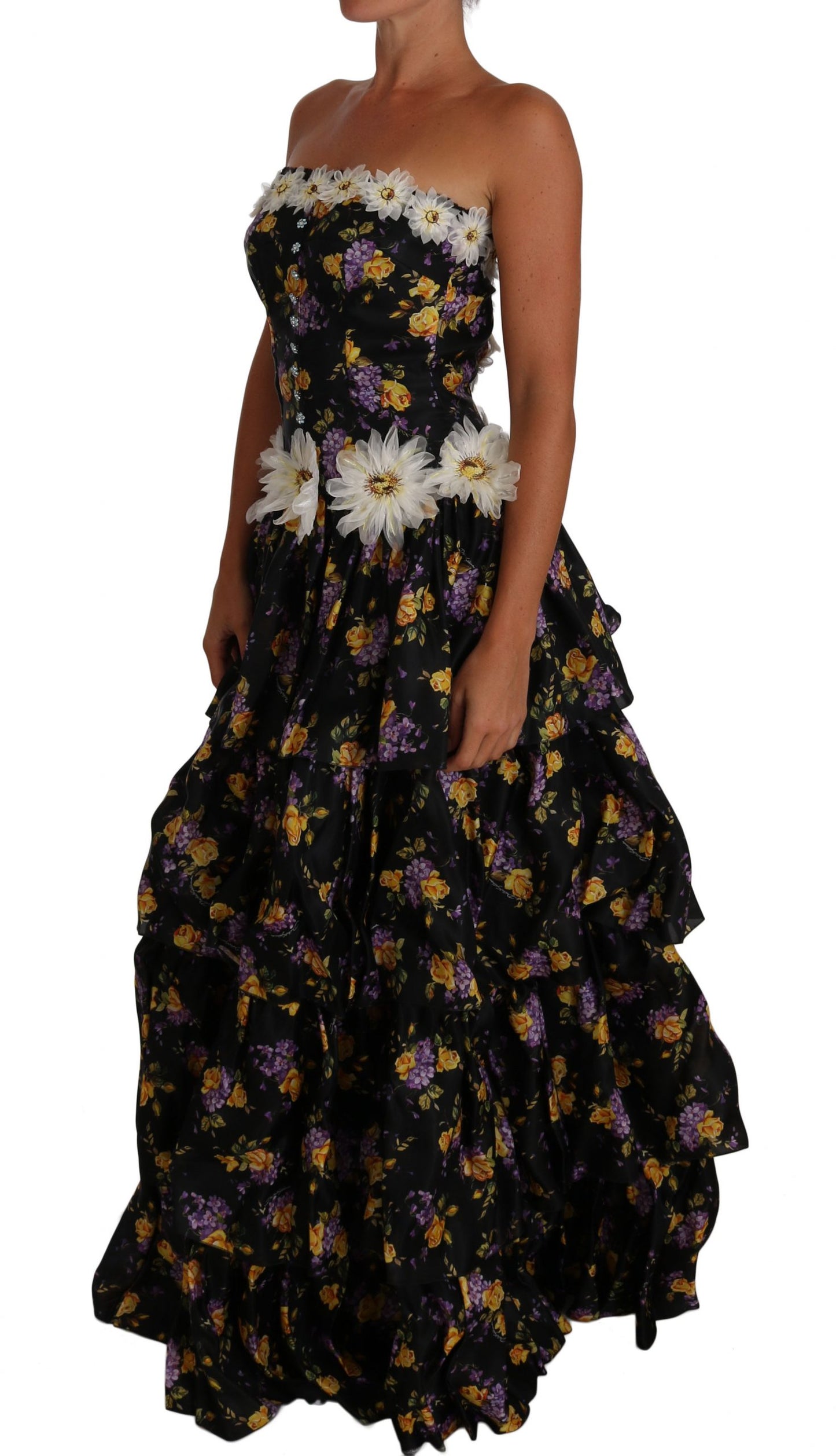 Schwarzes Sartoria Ball Floral Rose Crystal Kleid