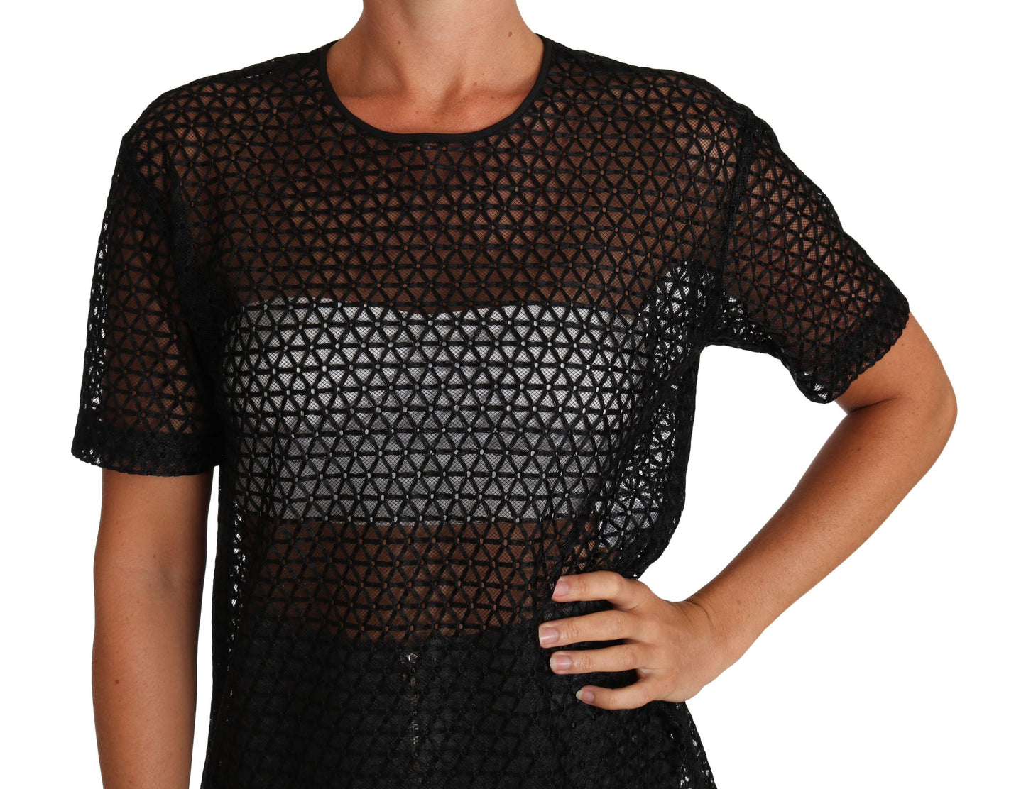 Schwarzes T-Shirt aus geblümtem Baumwollstrick