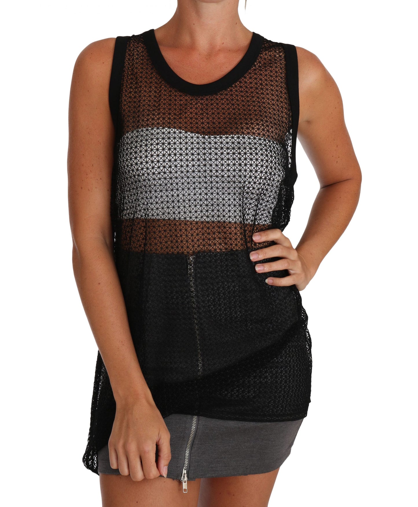 Schwarzes Netz-T-Shirt mit transparenter Bluse