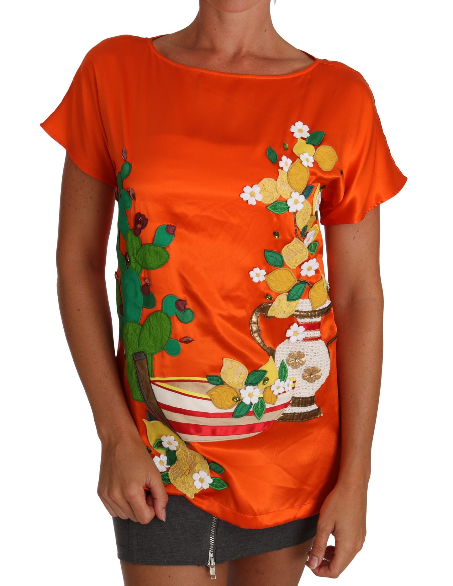 Seide Orange Zitrone Kristall-T-Shirt Top